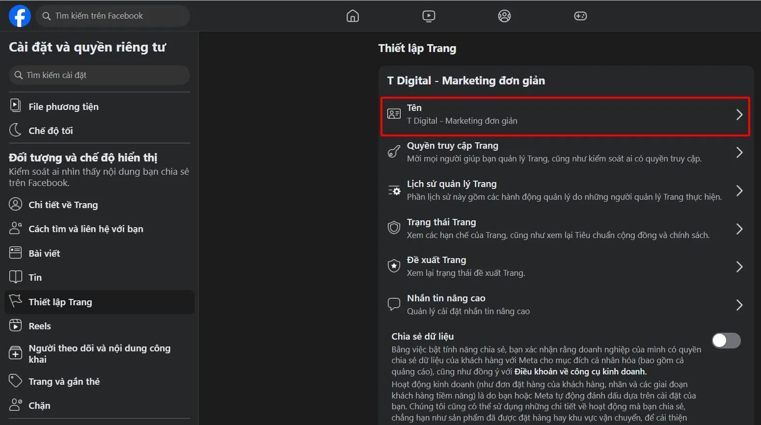 Chọn mục đầu tiên: "Tên"
