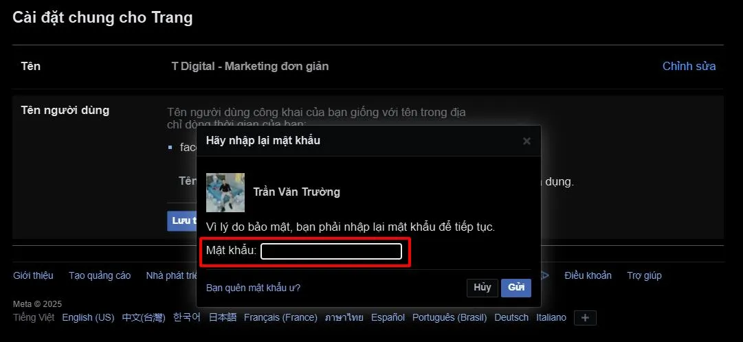 Nhập mật khẩu tài khoản quản trị fanpage