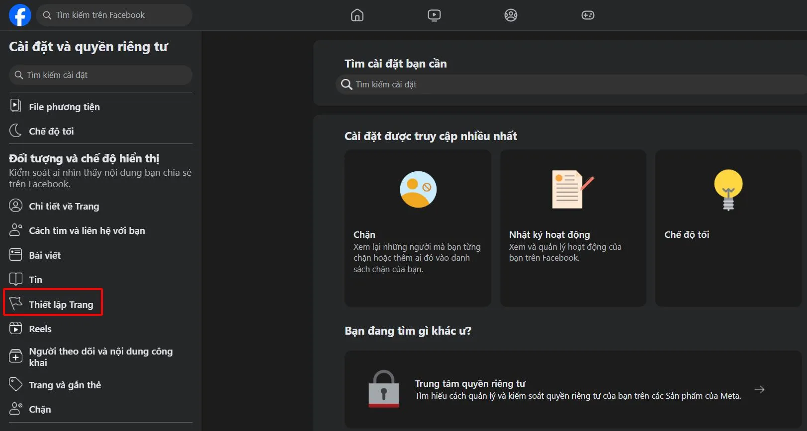 Ở cột bên trái lướt xuống và truy cập mục Thiết lập trang