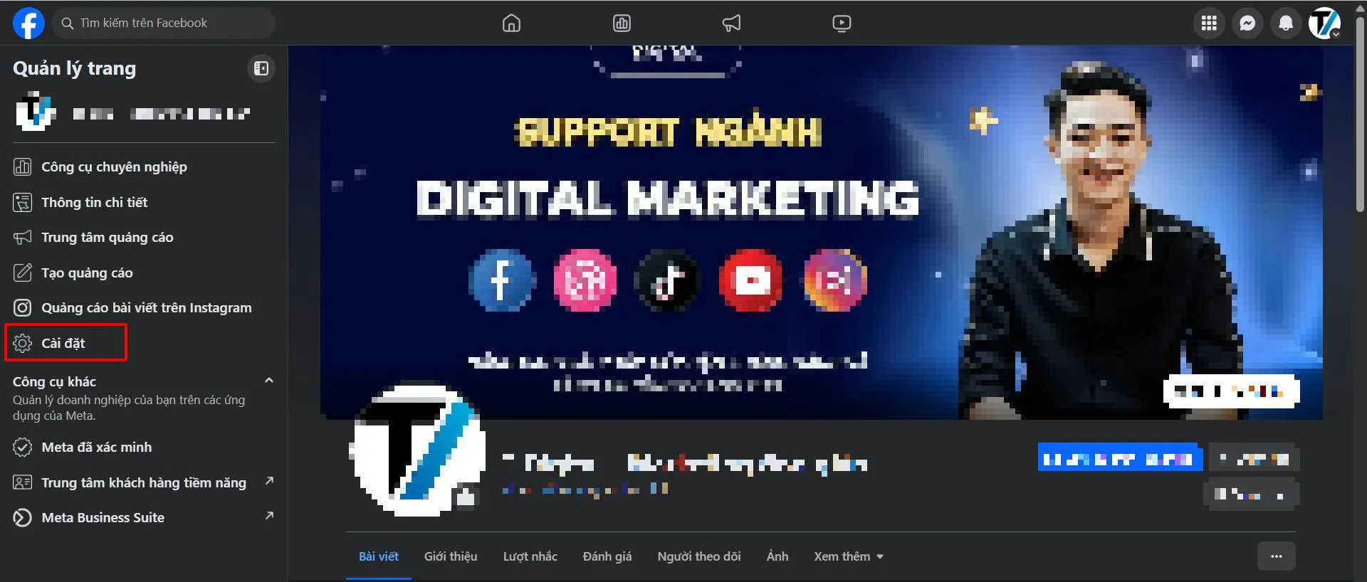 Truy cập mục cài đặt trong giao diện trang fanpage của bạn